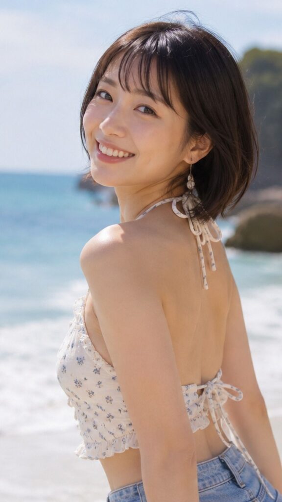 Nanobanana Pro 生成 蔚蓝海边回头微笑的日系女性夏日写真 - AI绘画提示词