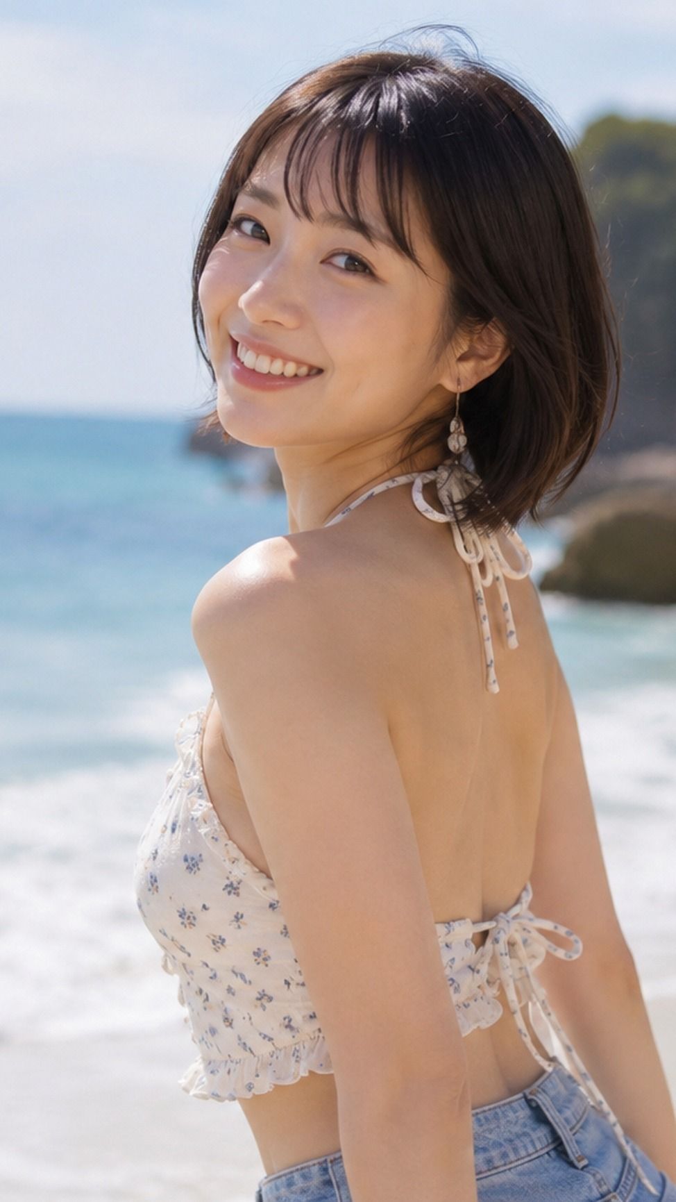 Japanese Woman Beach Smiling Over Shoulder Summer Portrait | 蔚蓝海边回头微笑的日系女性夏日写真 2 Nanobanana Pro 生成 蔚蓝海边回头微笑的日系女性夏日写真 - AI绘画提示词