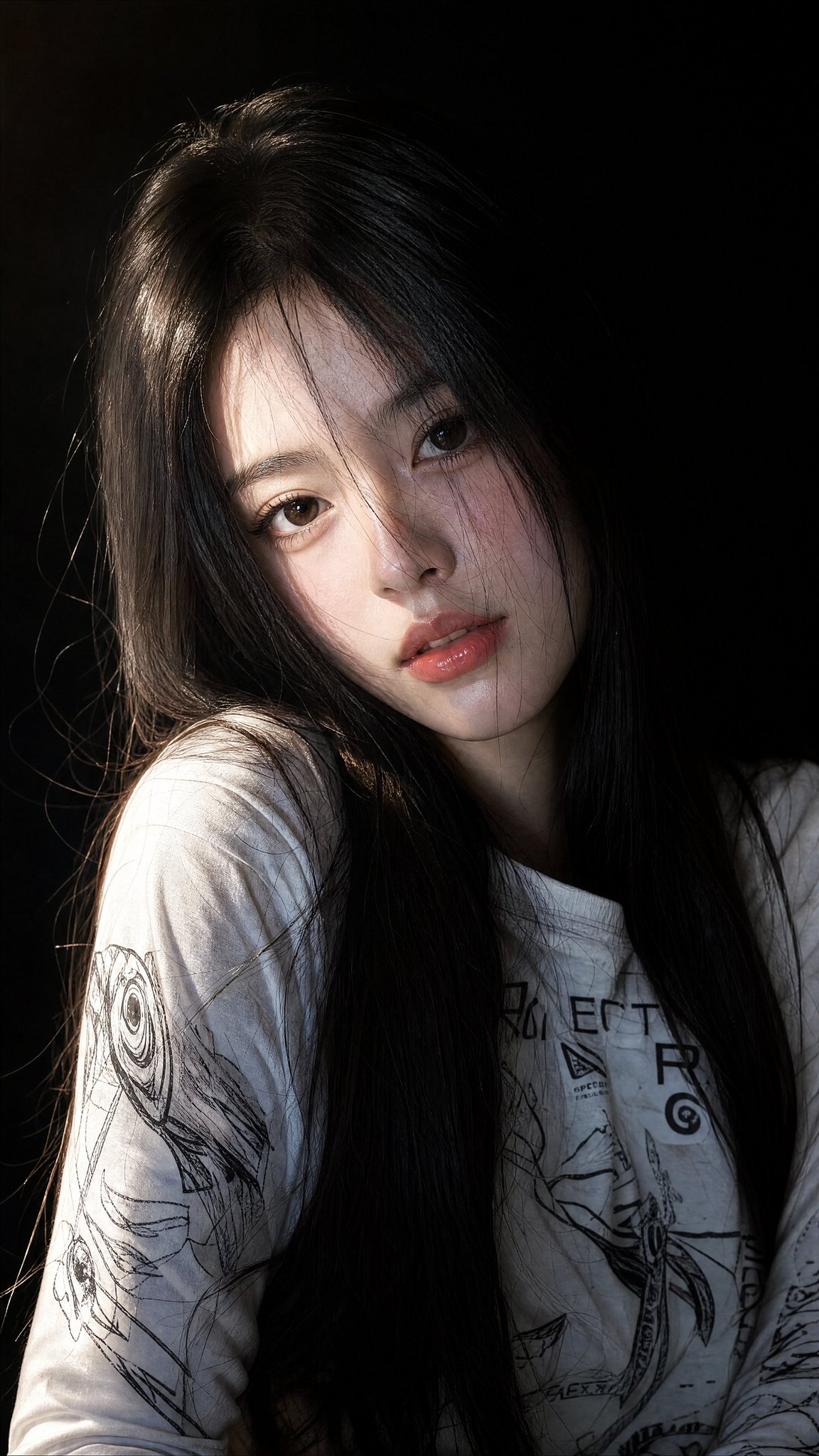 Beautiful East Asian Woman Portrait Black Hair Graphic Tee | 绸缎黑发东亚女性唯美写真 2 Nanobanana Pro 生成 绸缎黑发东亚女性唯美写真 - AI绘画提示词