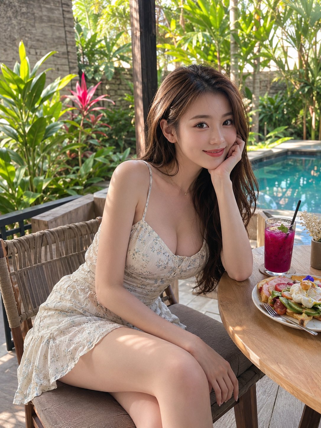 Nanobanana Pro 生成 热带花园咖啡馆年轻女子写真 - AI绘画提示词