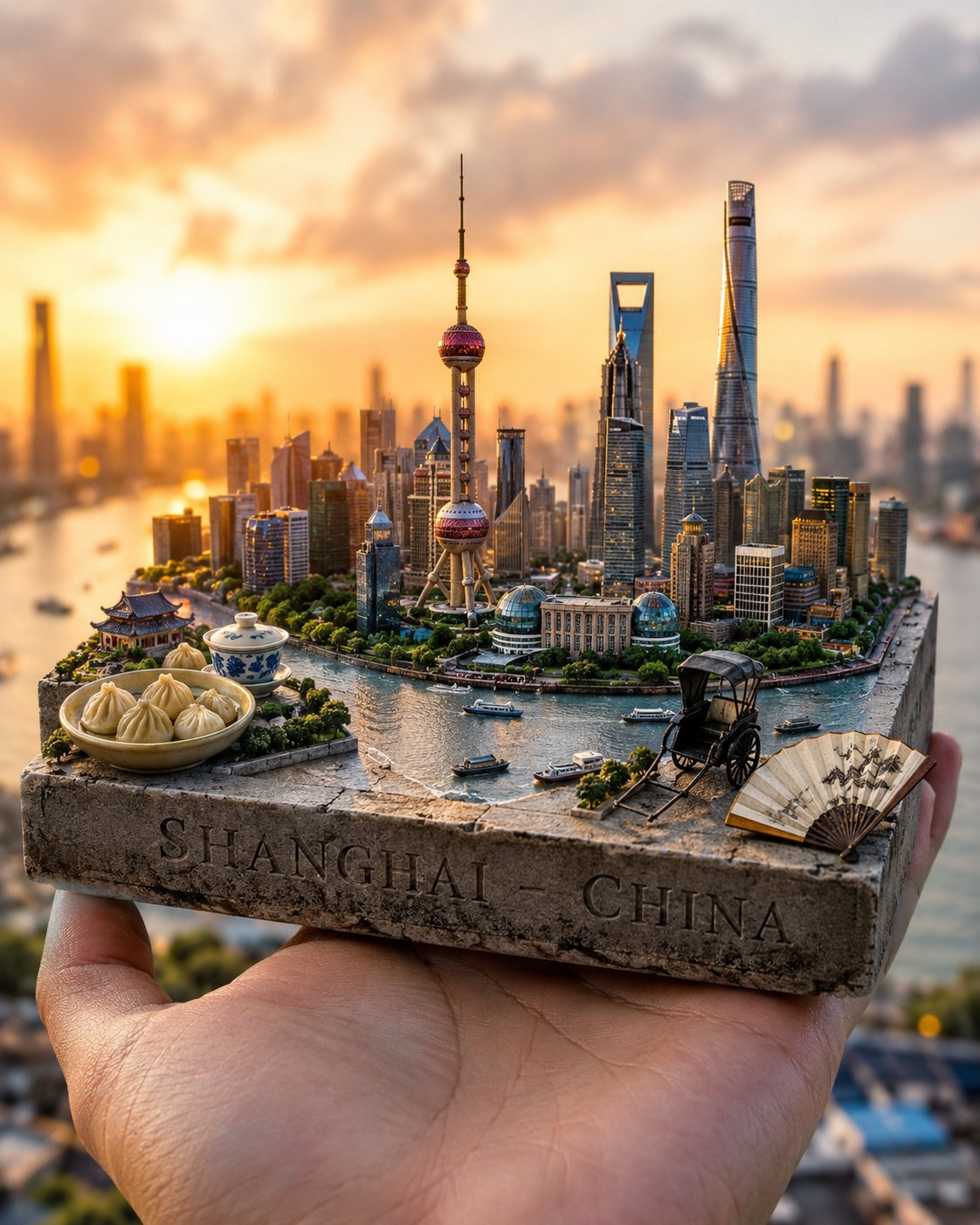 Nanobanana Pro 生成 掌中微缩城市超写实旅行明信片 - AI绘画提示词