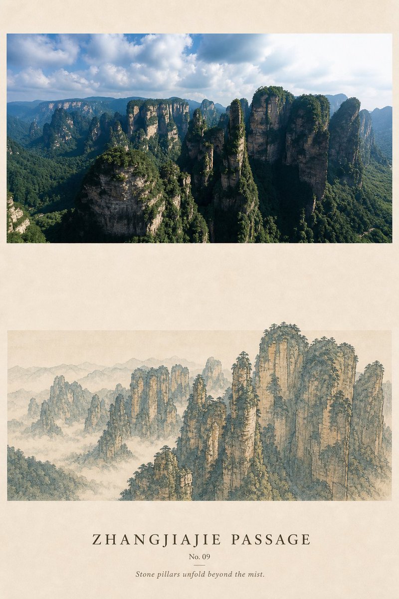 Nanobanana Pro 生成 旅行照片青绿山水绢本设计海报 - AI绘画提示词