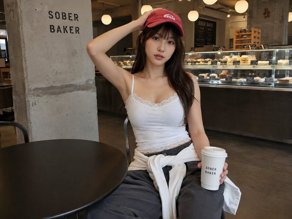 Nanobanana Pro 生成 面包店里戴红色棒球帽的日本女性 - AI绘画提示词