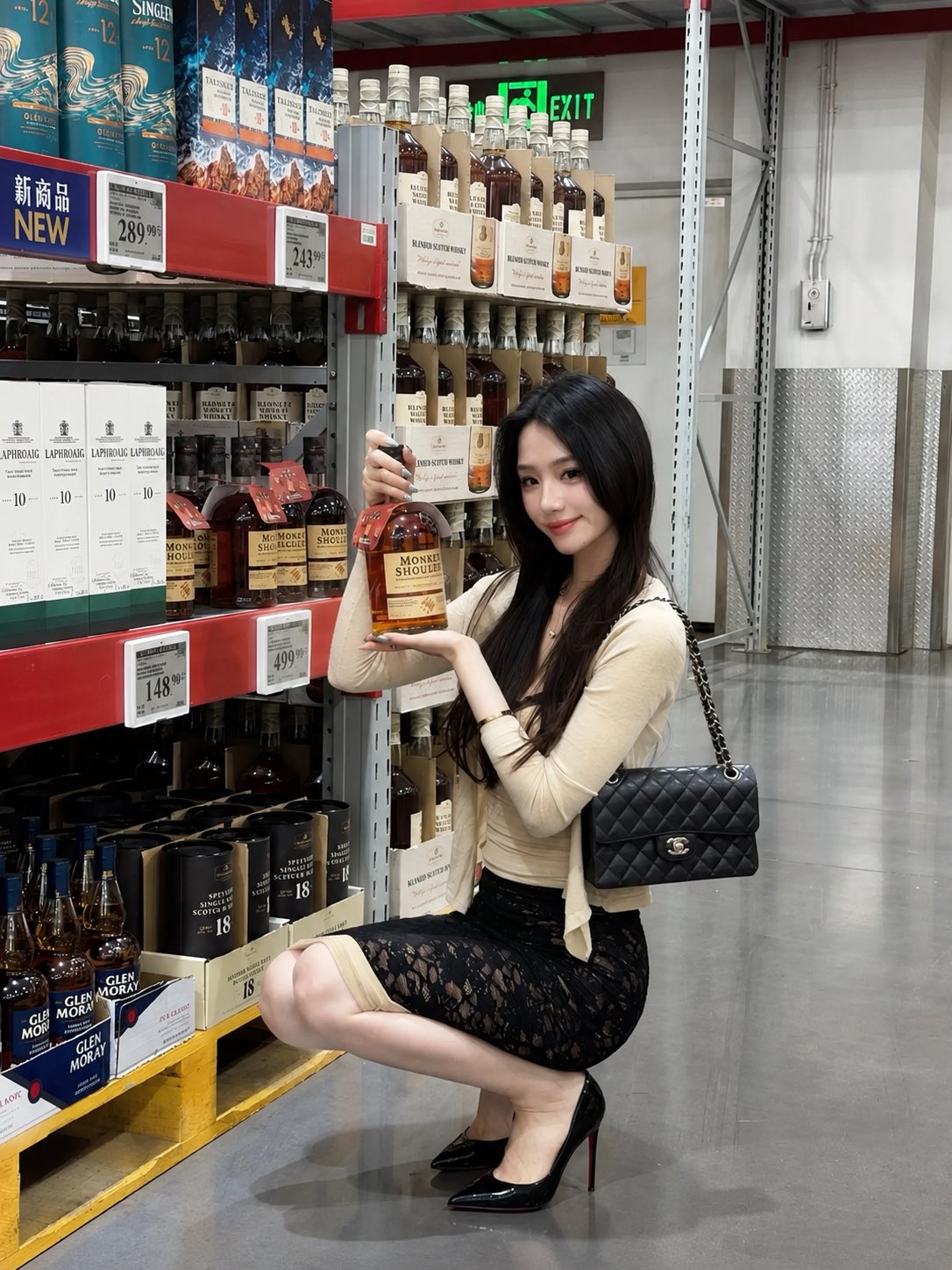 Nanobanana Pro 生成 仓储超市蹲姿挑选酒水的东亚女性写实街拍 - AI绘画提示词