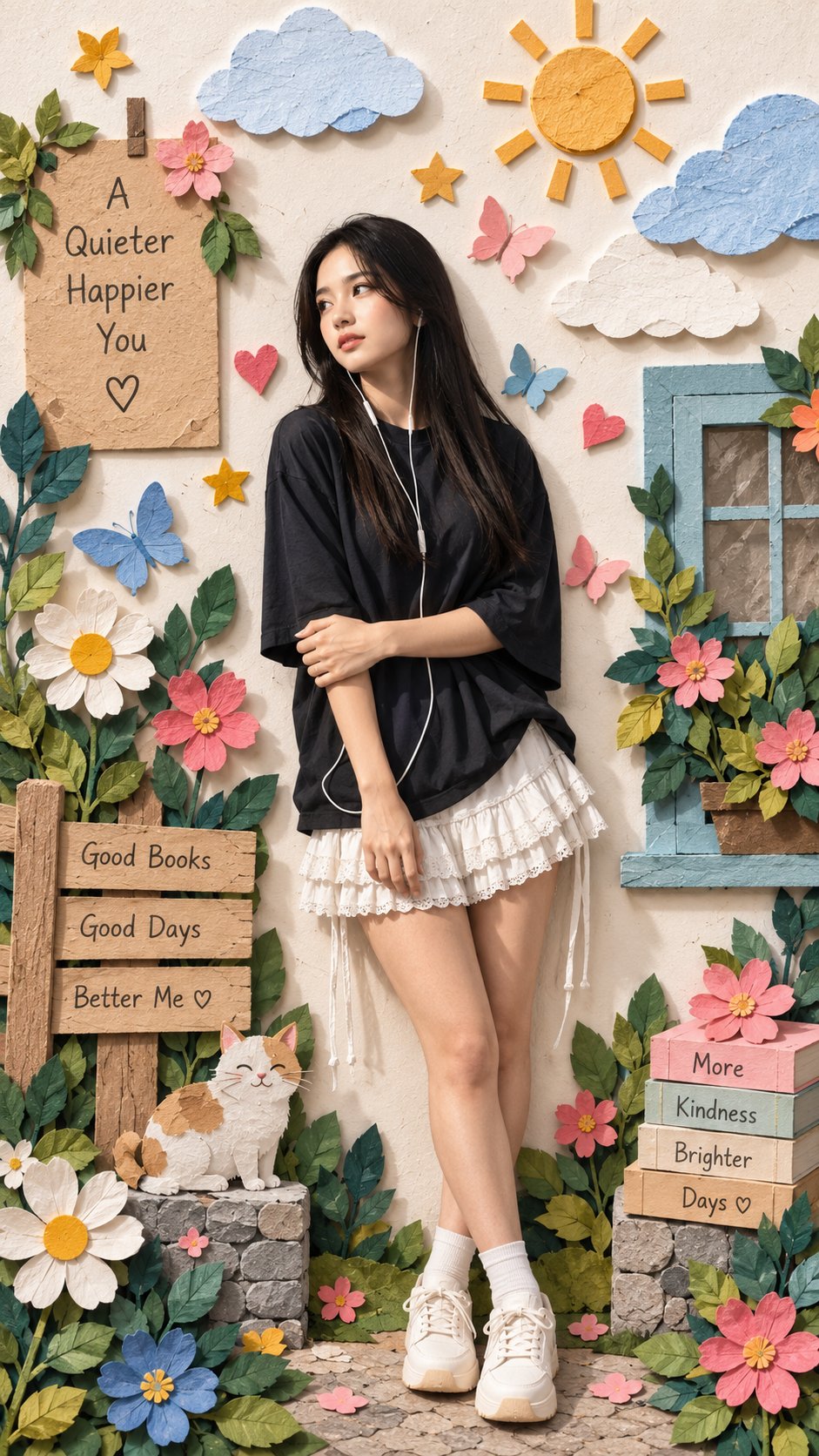 Nanobanana Pro 生成 优质手工纸艺3D纸雕花园年轻女性 - AI绘画提示词