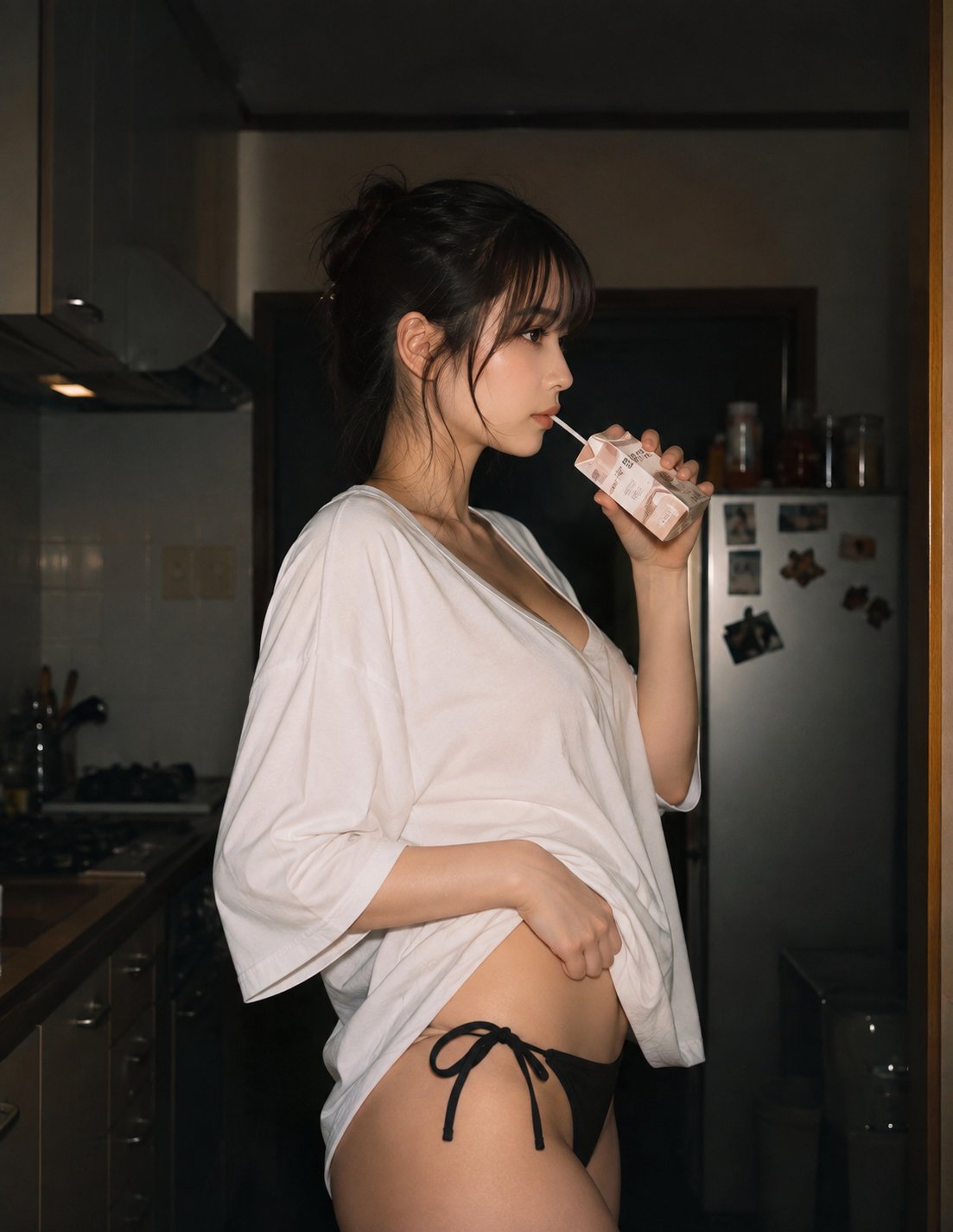 Nanobanana Pro 生成 夜间昏暗厨房入口的东亚女性侧影 - AI绘画提示词