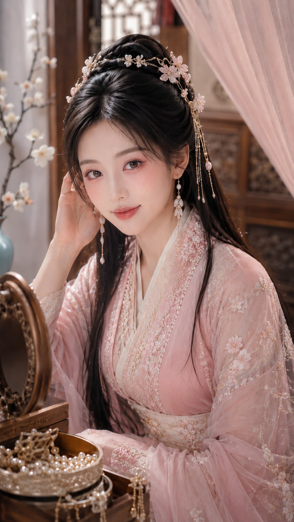 Nanobanana Pro 生成 古风柔雾美妆东方贵女妆台写真 - AI绘画提示词