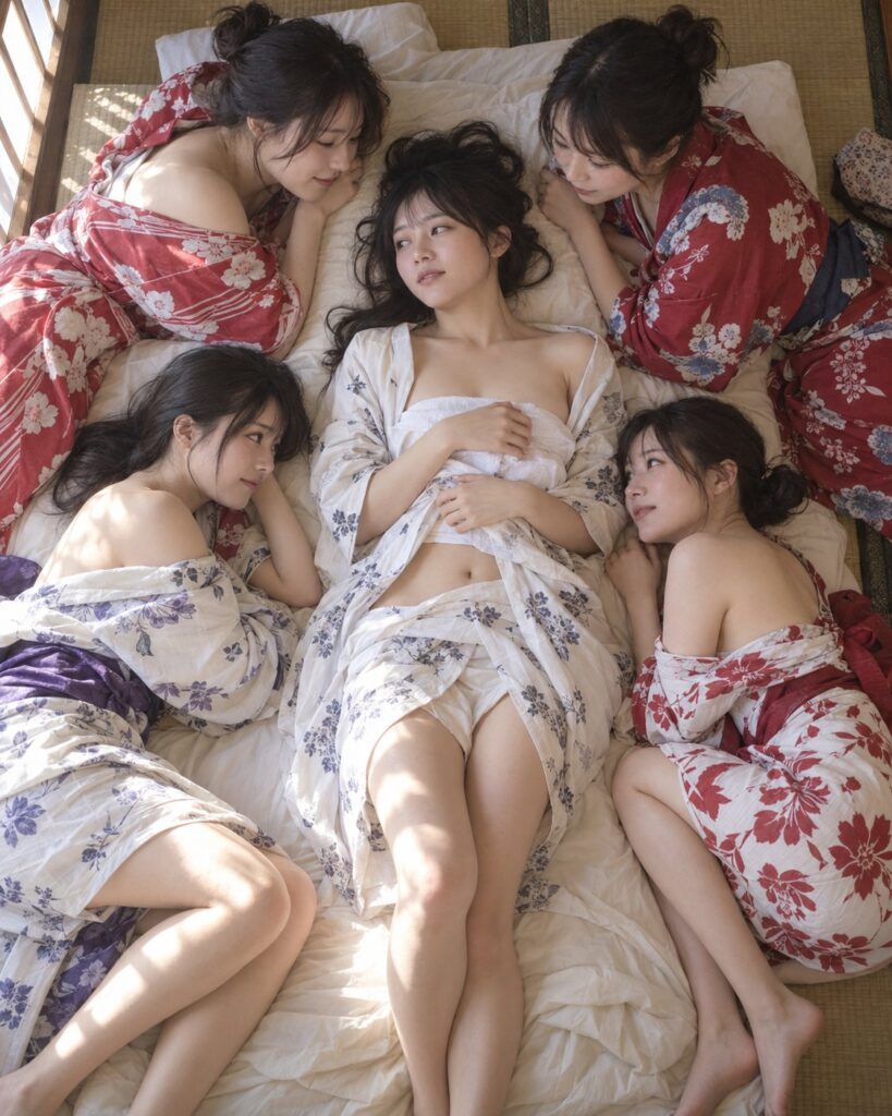 Afternoon On Tatami Yukata Girls | 榻榻米上的午后:五位浴衣少女的慵懒时光 4 Nanobanana Pro 生成 榻榻米上的午后:五位浴衣少女的慵懒时光 - AI绘画提示词