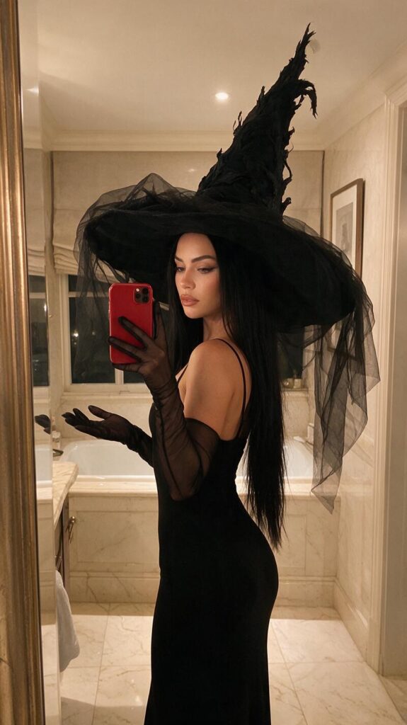 Luxury Black Witch Halloween Mirror Selfie | 奢华名流感黑女巫万圣节镜前自拍 6 Nanobanana Pro 生成 奢华名流感黑女巫万圣节镜前自拍 - AI绘画提示词