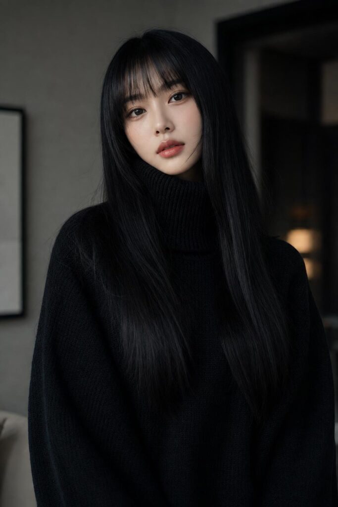 Ultra Photorealistic High Fashion Portrait Woman Black Turtleneck | 超写实黑发高领毛衣时尚肖像 4 Nanobanana Pro 生成 超写实黑发高领毛衣时尚肖像 - AI绘画提示词