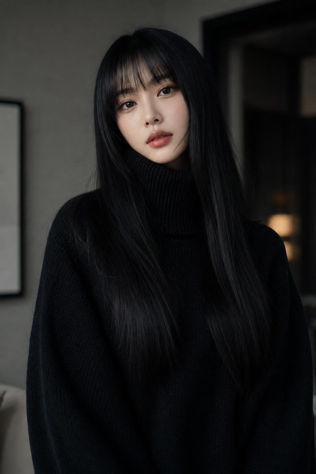 Ultra Photorealistic High Fashion Portrait Woman Black Turtleneck | 超写实黑发高领毛衣时尚肖像 2 Nanobanana Pro 生成 超写实黑发高领毛衣时尚肖像 - AI绘画提示词