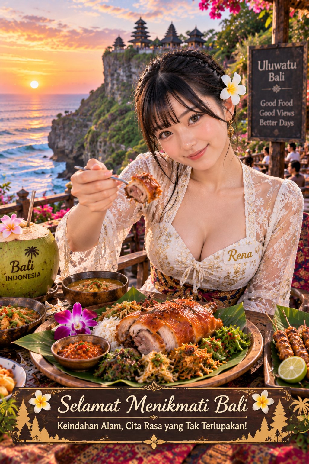 Nanobanana Pro 生成 乌鲁瓦图悬崖餐厅巴厘岛美食人像 - AI绘画提示词
