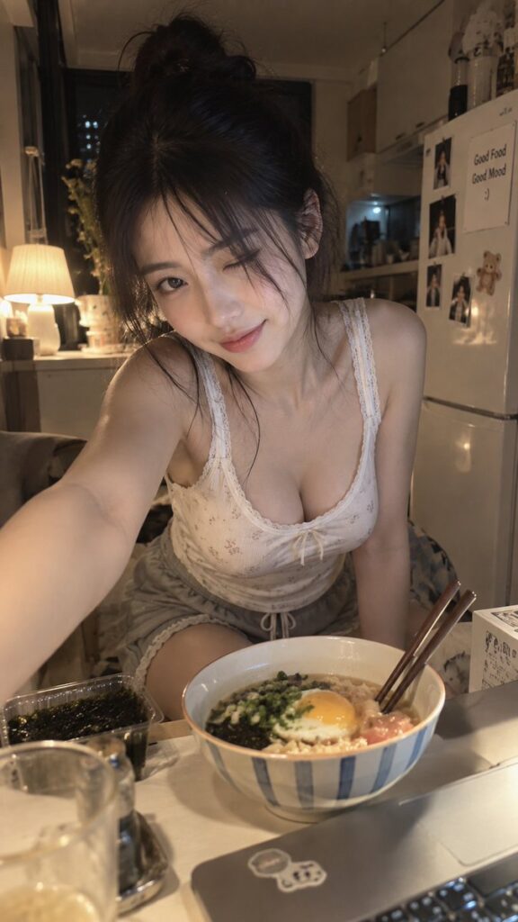 East Asian Woman Late Night Kitchen Candid Selfie | 东亚女性夜晚厨房生活感自拍 4 Nanobanana Pro 生成 东亚女性夜晚厨房生活感自拍 - AI绘画提示词