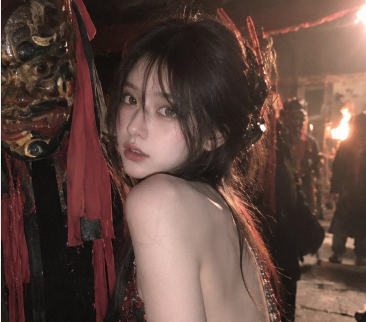 Nanobanana Pro 生成 中国傩戏祭典红衣女子特写 - AI绘画提示词