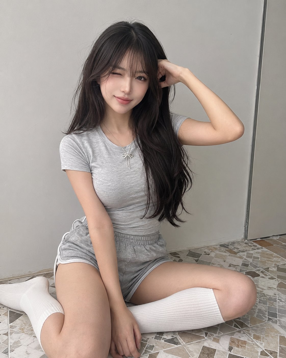 Nanobanana Pro 生成 室内瓷砖地面上的眨眼少女写真 - AI绘画提示词