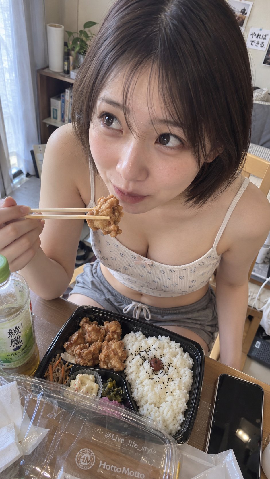 Nanobanana Pro 生成 20岁虚构日本女性吃炸鸡便当奇迹快照 - AI绘画提示词