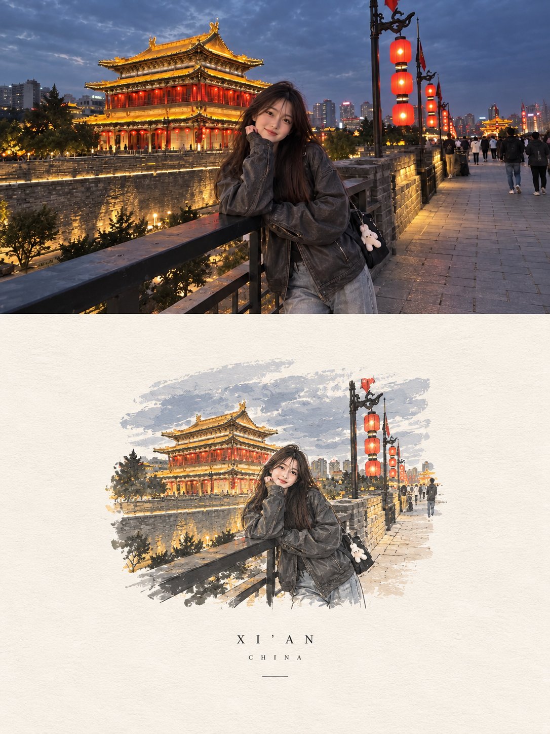 Nanobanana Pro 生成 夜游古城墙的东亚女子人像 - AI绘画提示词
