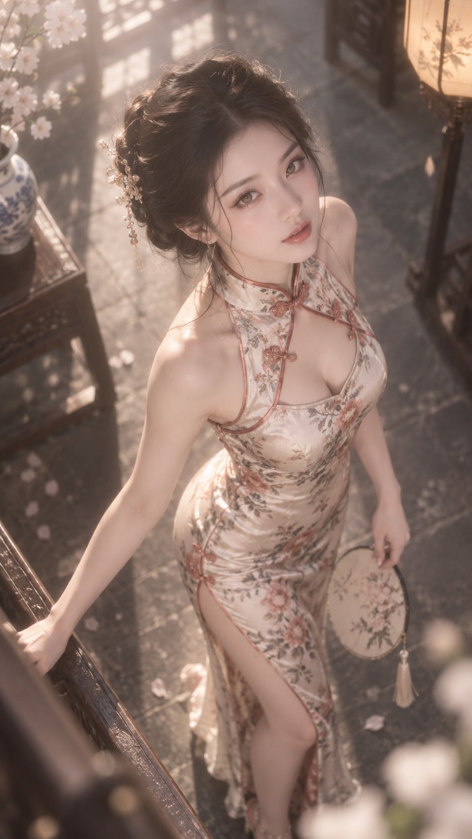 Nanobanana Pro 生成 旗袍狐系美女俯拍人像 - AI绘画提示词