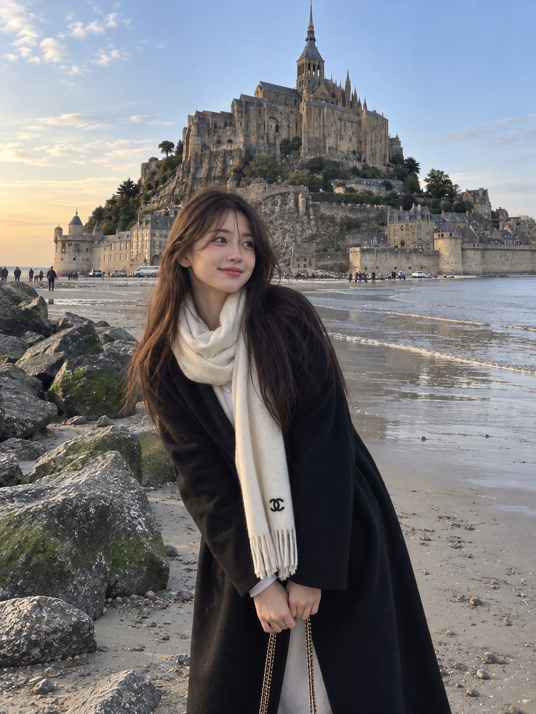 Nanobanana Pro 生成 欧洲古建海滩背景亚裔女性写实旅拍 - AI绘画提示词