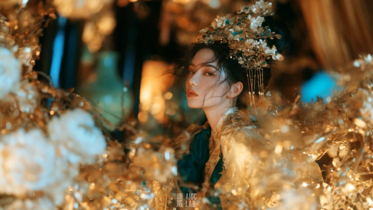 Nanobanana Pro 生成 琥珀花厅中的华贵东亚女子侧影 - AI绘画提示词