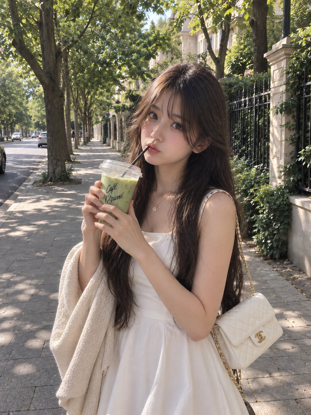 Nanobanana Pro 生成 户外写实人像夏日白裙少女手捧抹茶 - AI绘画提示词