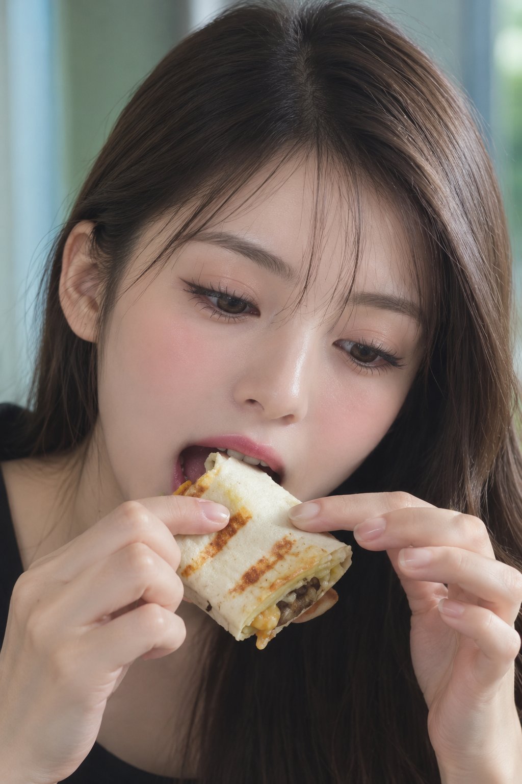 Nanobanana Pro 生成 长发美女享用卷饼与草莓蛋糕特写 - AI绘画提示词