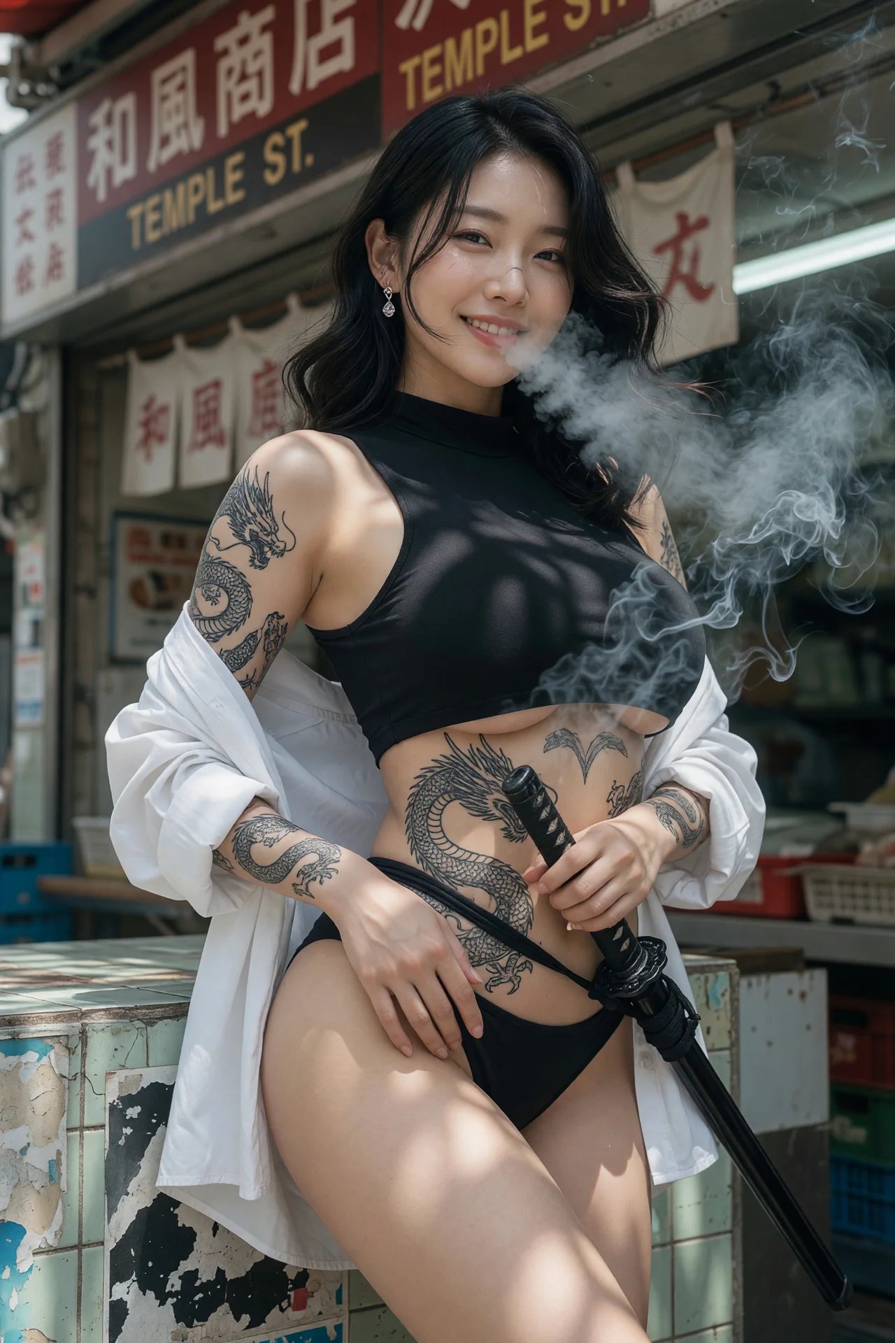 Nanobanana Pro 生成 庙街日本店前韩系纹身少女像 - AI绘画提示词