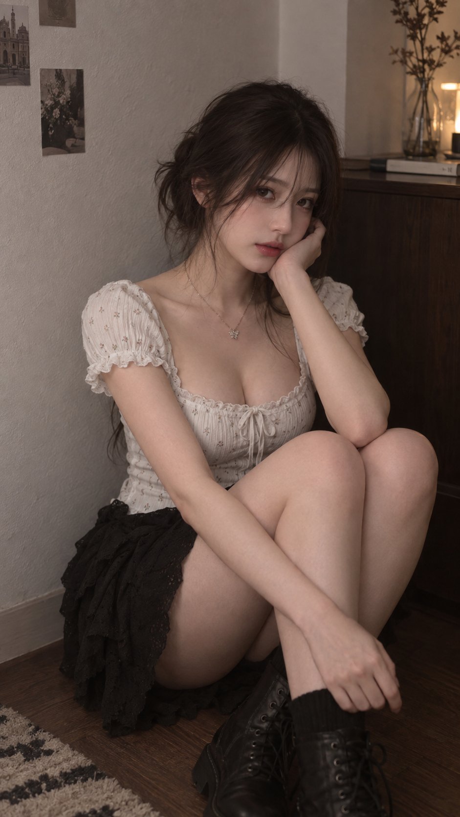 Nanobanana Pro 生成 灰色墙边的黑色长发忧郁少女 - AI绘画提示词