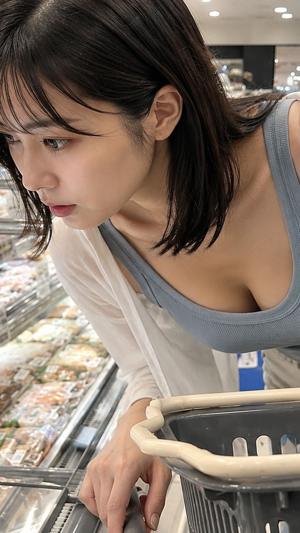 Nanobanana Pro 生成 超市冷柜前挑选商品的日本女性 - AI绘画提示词