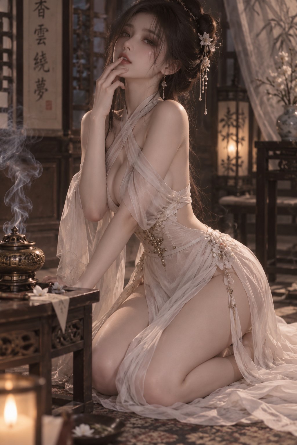 Nanobanana Pro 生成 交叉薄纱露肩高开衩长裙跪坐焚香 - AI绘画提示词