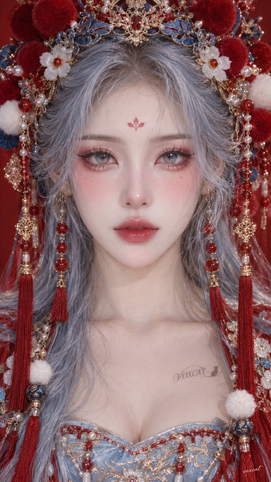 Nanobanana Pro 生成 东方神女戏曲点翠红蓝华服肖像 - AI绘画提示词
