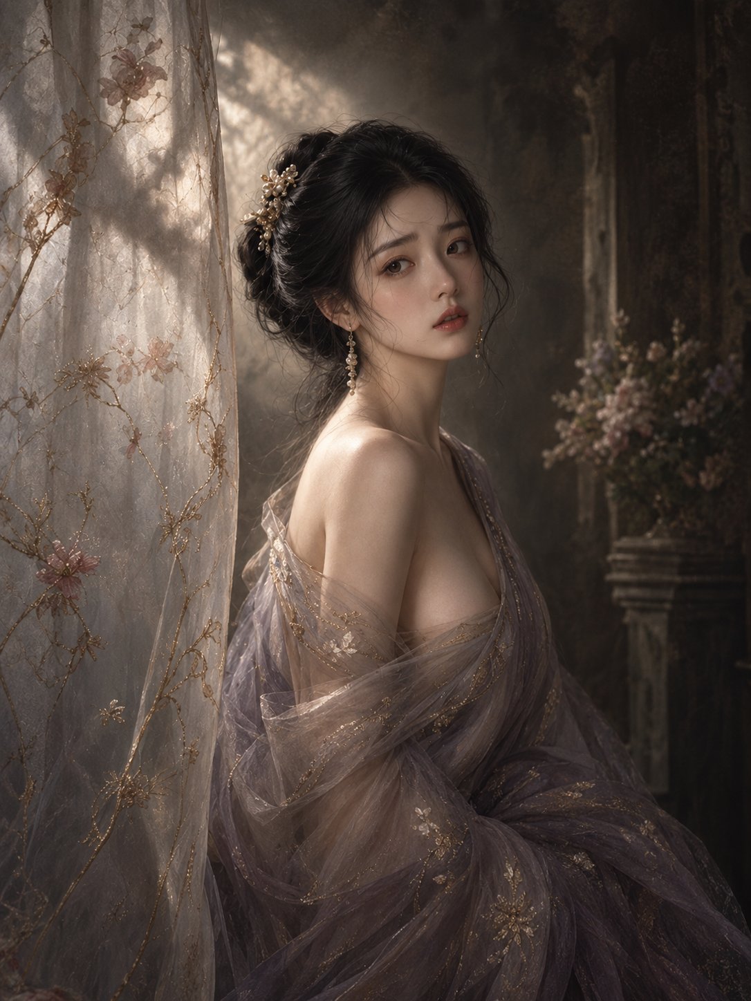 Nanobanana Pro 生成 东方古典美人含蓄回眸肖像 - AI绘画提示词