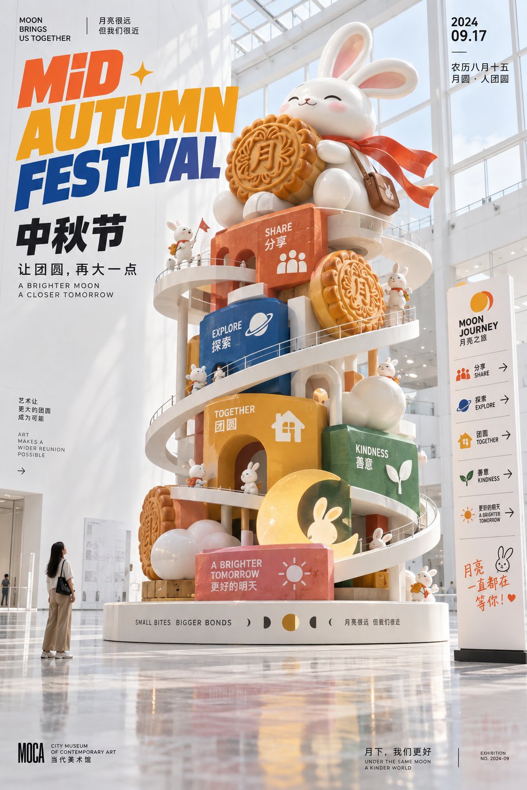 Nanobanana Pro 生成 全白美术馆中庭中秋纪念碑装置海报 - AI绘画提示词