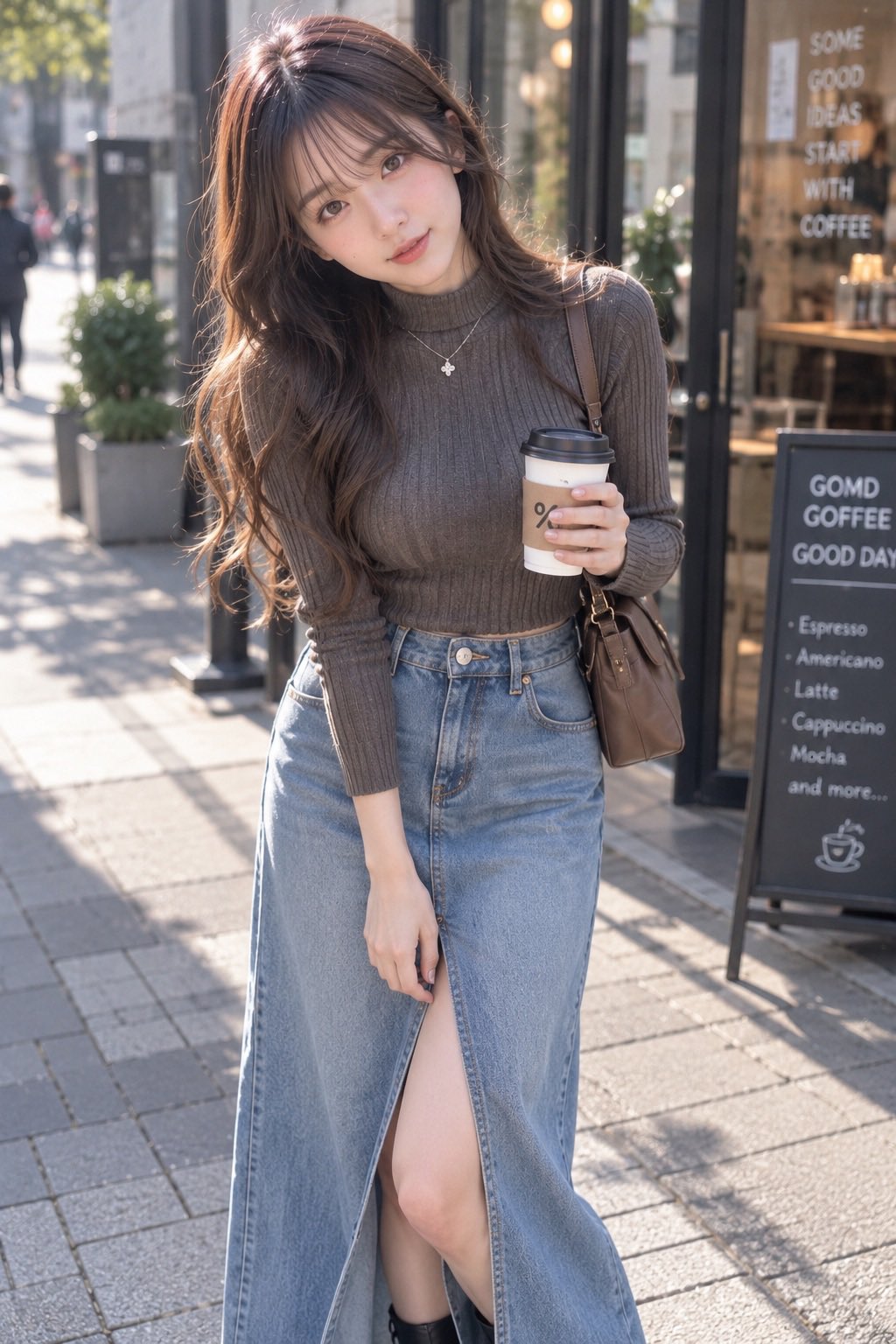 Nanobanana Pro 生成 咖啡馆外的日本女性街头时尚摄影 - AI绘画提示词