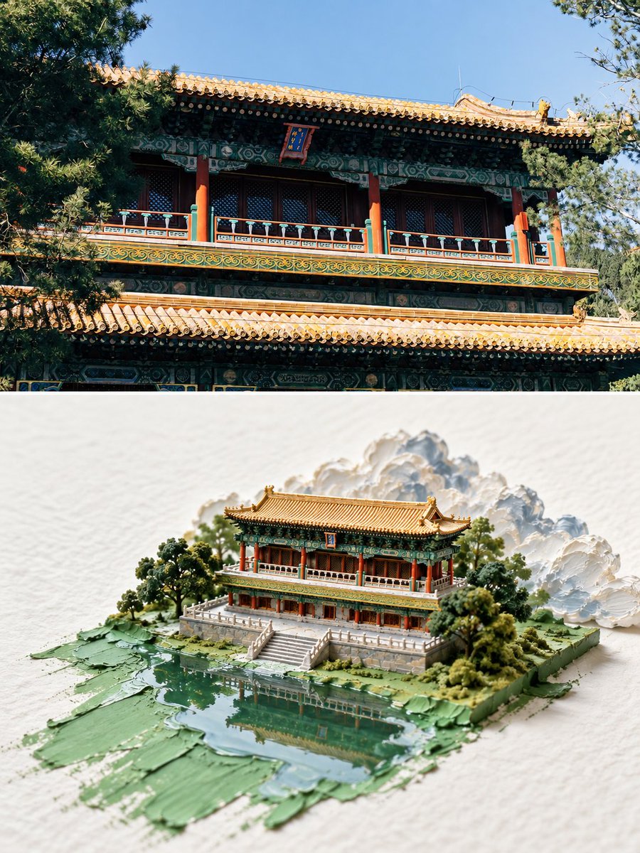 Nanobanana Pro 生成 建筑摄影转微缩模型对比图 - AI绘画提示词