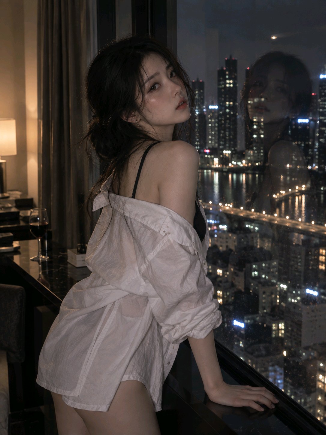 Nanobanana Pro 生成 城市公寓落地窗前的年轻亚洲女性 - AI绘画提示词