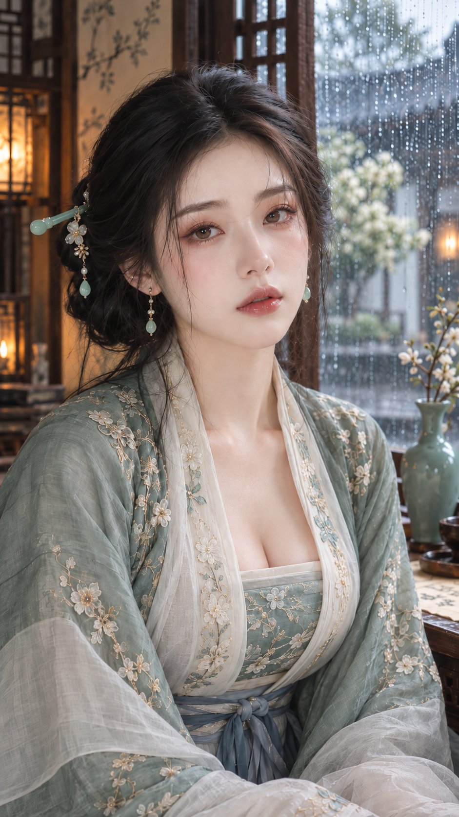 Nanobanana Pro 生成 古风雨日青瓷美妆人像 - AI绘画提示词