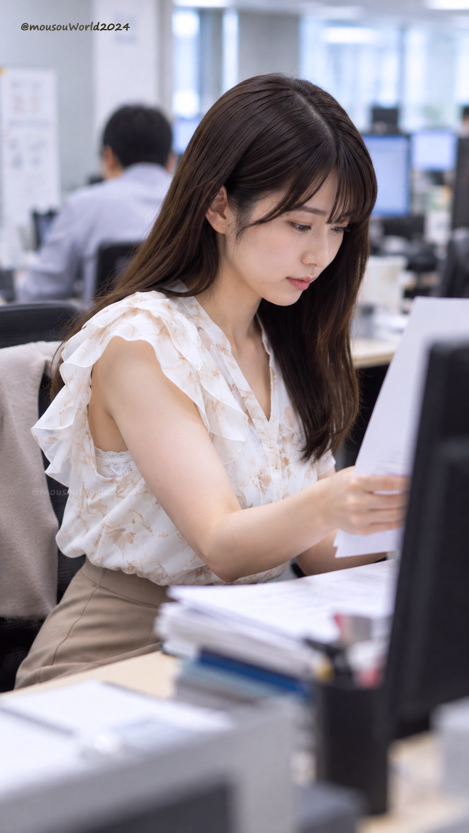 Nanobanana Pro 生成 办公室女性工作侧拍特写 - AI绘画提示词