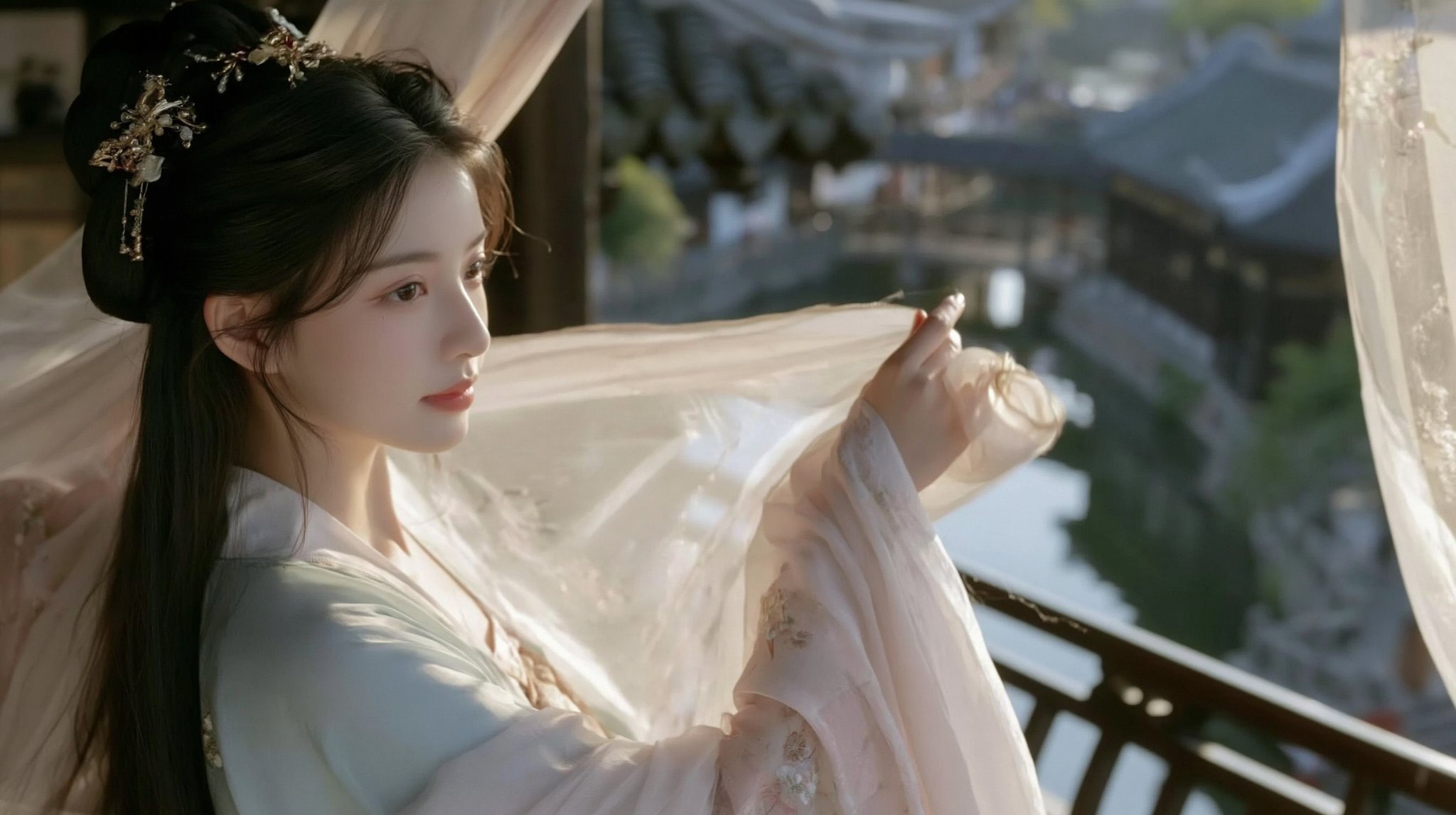 Song Dynasty Girl Waterfront Pavilion Cinematic Still | 宋代少女临水楼阁卷帘清晨美学 2 Nanobanana Pro 生成 宋代少女临水楼阁卷帘清晨美学 - AI绘画提示词