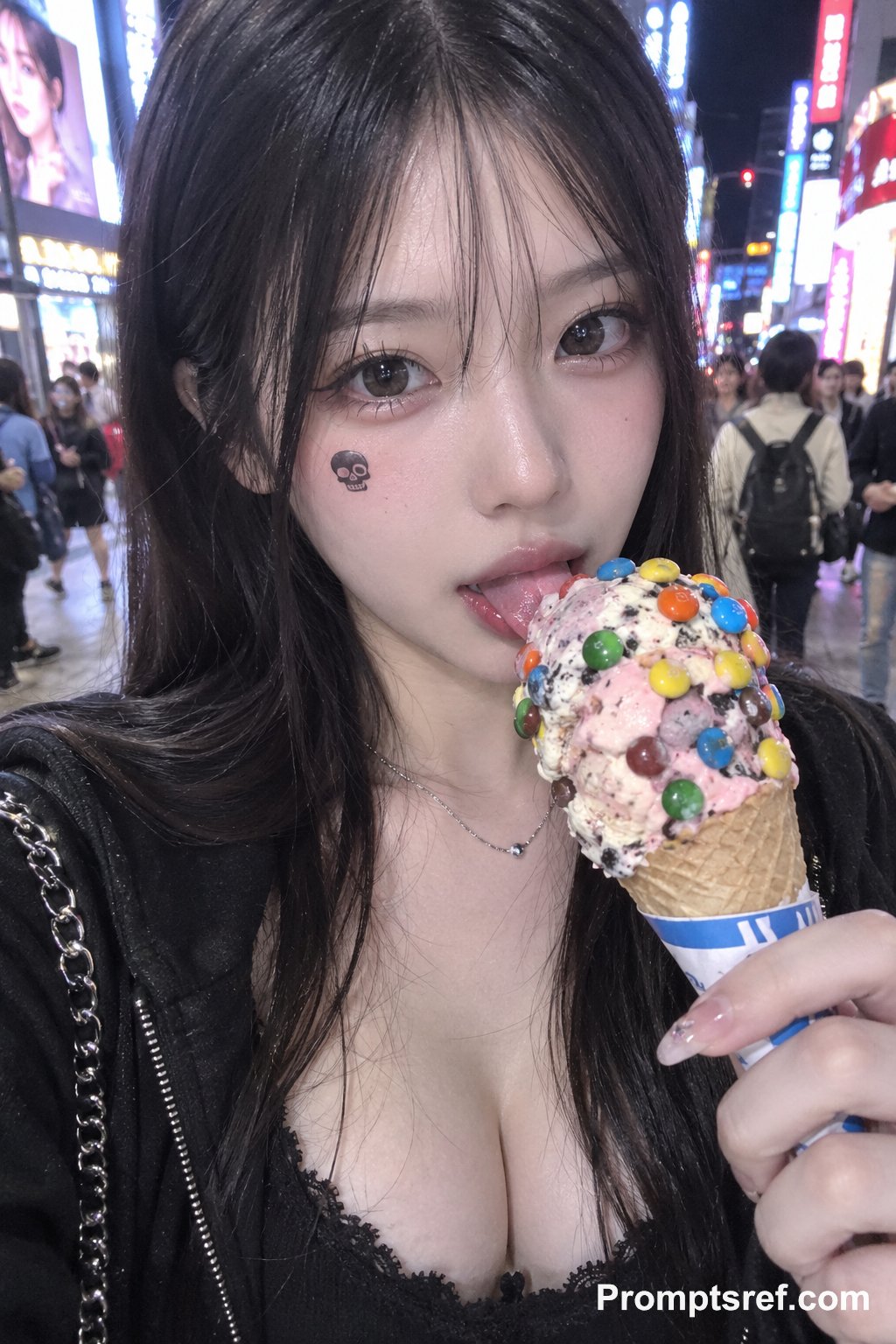 Nanobanana Pro 生成 夜晚都市街头吃冰淇淋的甜酷女孩自拍 - AI绘画提示词
