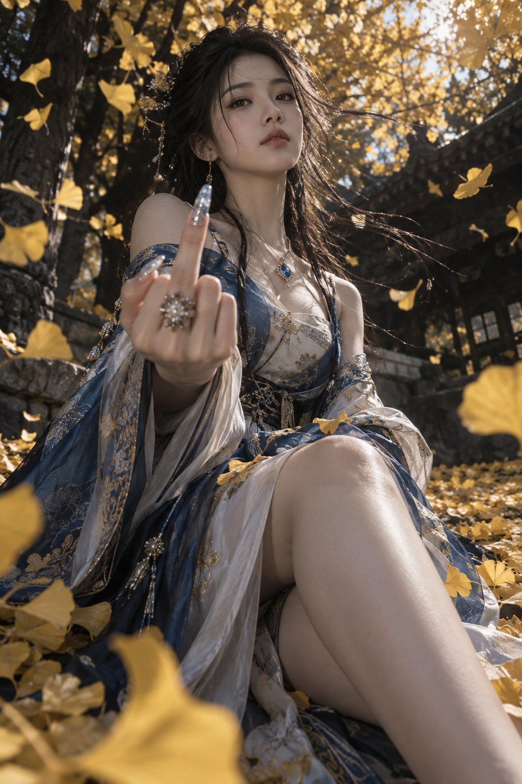 Nanobanana Pro 生成 银杏叶间的黑色电影风格现代汉服女性 - AI绘画提示词