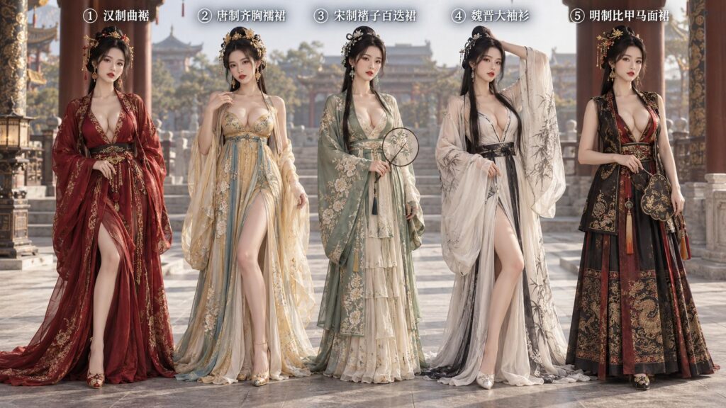 Five Femme Fatales Sexy Deep V Hanfu Full Body | 祸国殃民真人御姐性感深V国风汉服全身照 3 Nanobanana Pro 生成 祸国殃民真人御姐性感深V国风汉服全身照 - AI绘画提示词