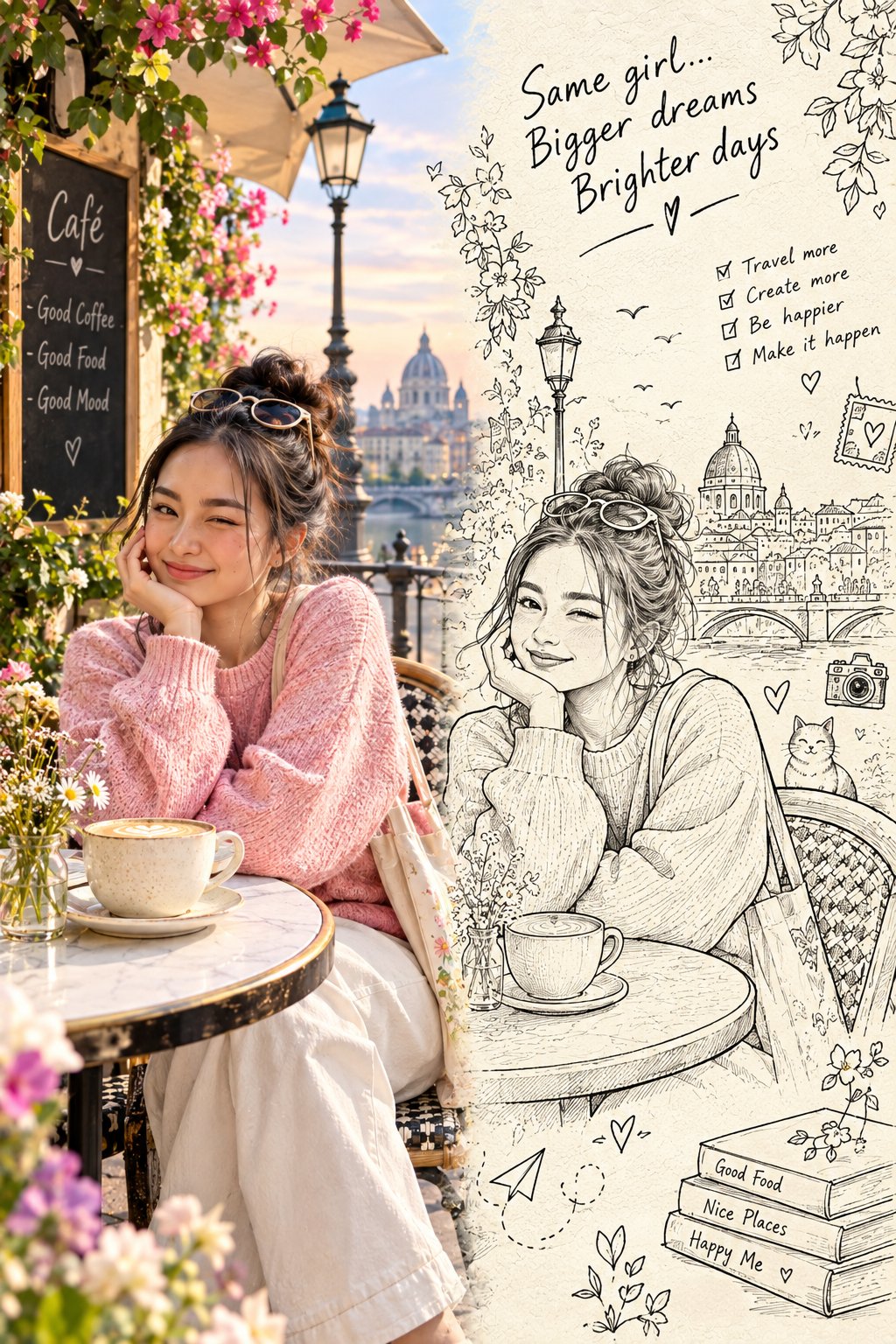 Split Screen Portrait East Asian Woman Photo Vs Ink Illustration | 东亚女性分屏实拍与水墨线稿对比 2 Nanobanana Pro 生成 东亚女性分屏实拍与水墨线稿对比 - AI绘画提示词