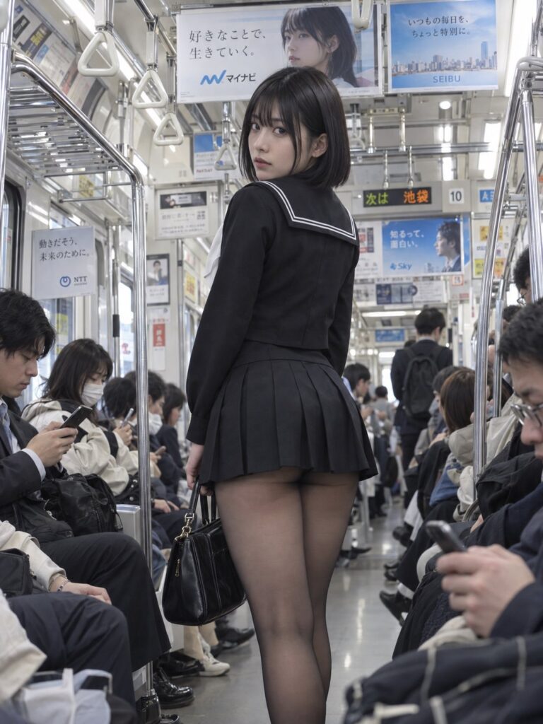 Nanobanana Pro 生成 超写实日系地铁街拍黑色水手服女性 - AI绘画提示词