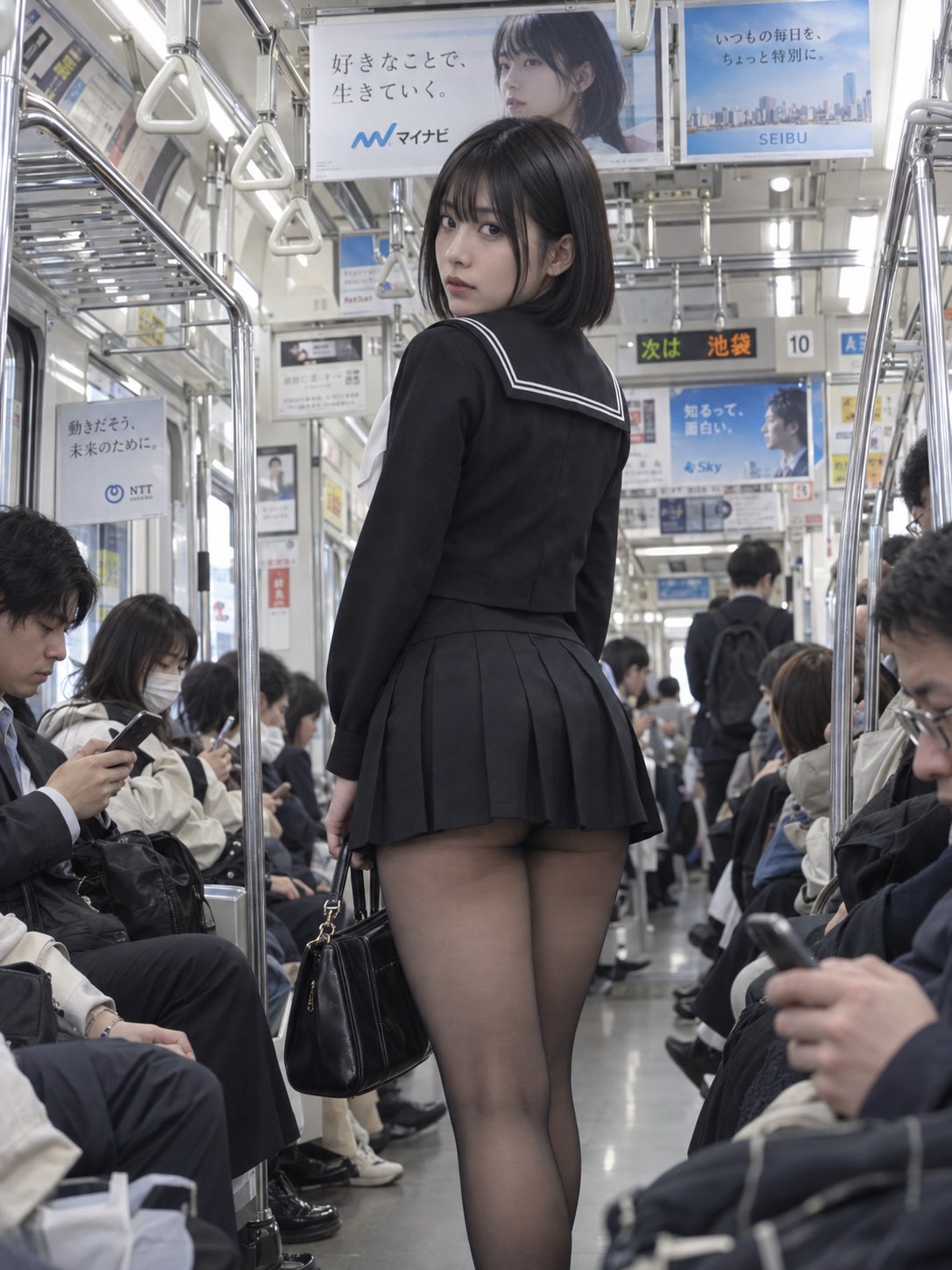 Nanobanana Pro 生成 超写实日系地铁街拍黑色水手服女性 - AI绘画提示词