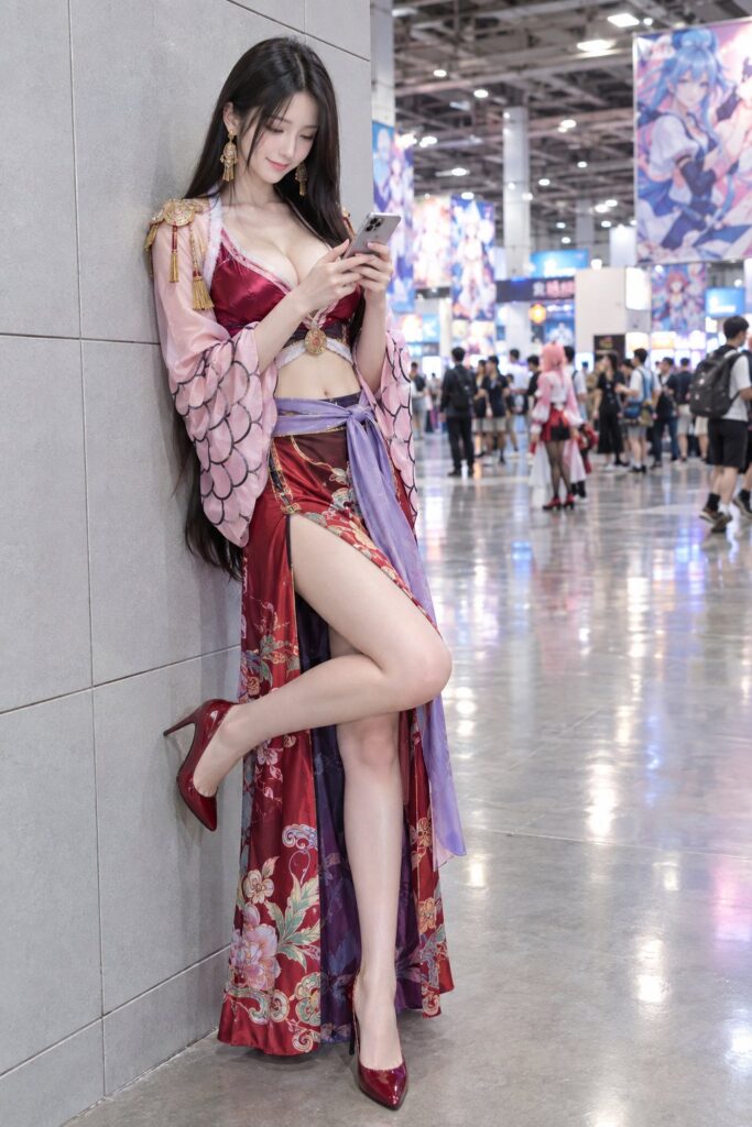 Photorealistic East Asian Woman Cosplay Convention | 漫展红裙中国风少女全身人像摄影 3 Nanobanana Pro 生成 漫展红裙中国风少女全身人像摄影 - AI绘画提示词