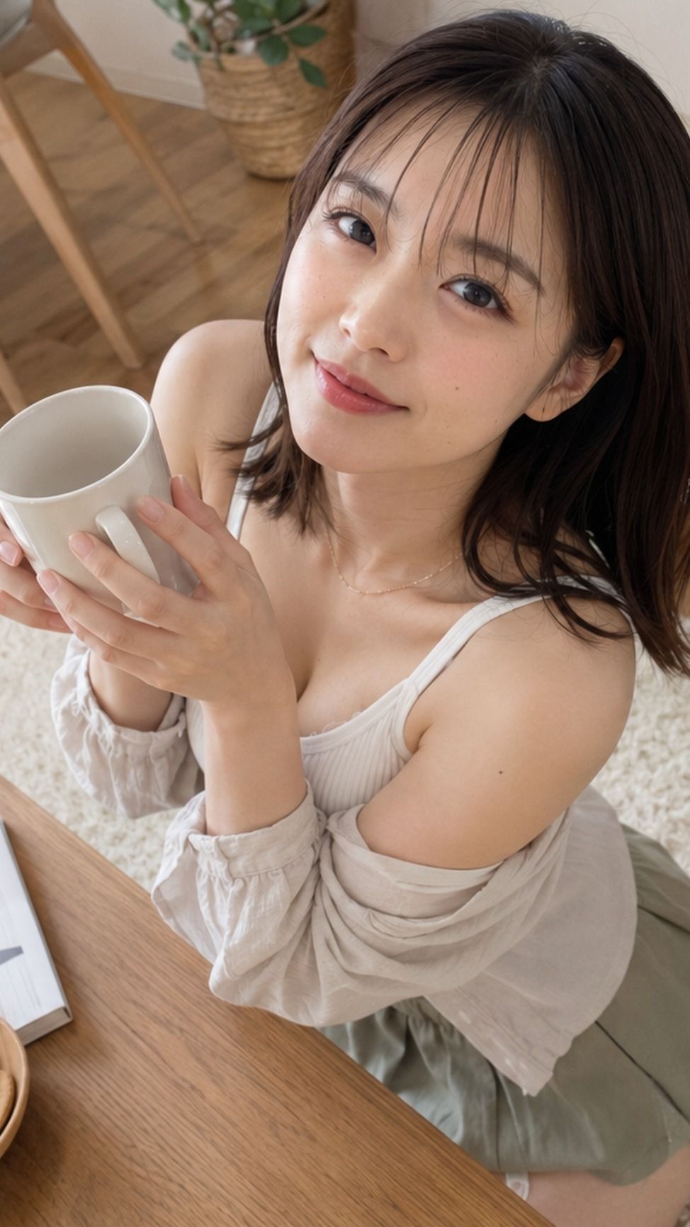 Nanobanana Pro 生成 温暖客厅捧杯仰望的日本女性写实摄影 - AI绘画提示词