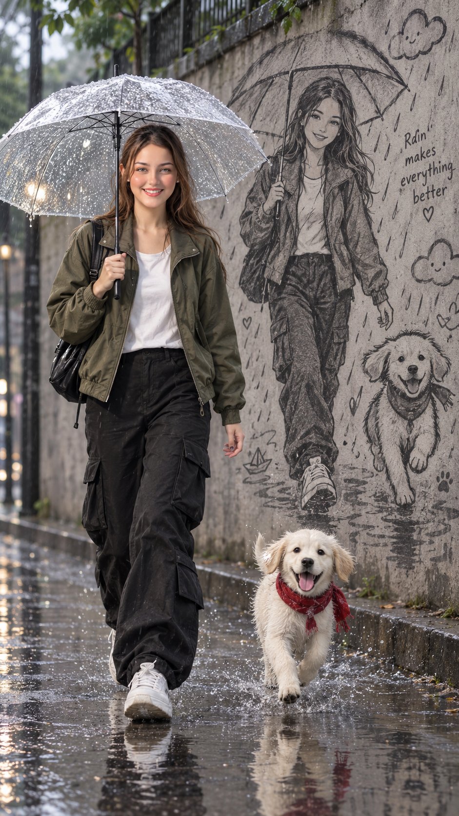 Nanobanana Pro 生成 电影感雨天女子与小狗及速写壁画 - AI绘画提示词