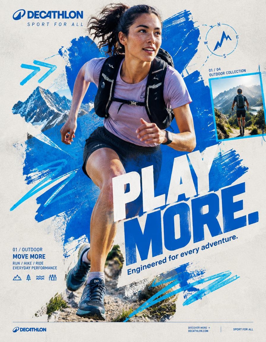 Quechua Play Outside Digital Collage Campaign | QUECHUA数字拼贴户外探险主视觉 2 Nanobanana Pro 生成 QUECHUA数字拼贴户外探险主视觉 - AI绘画提示词