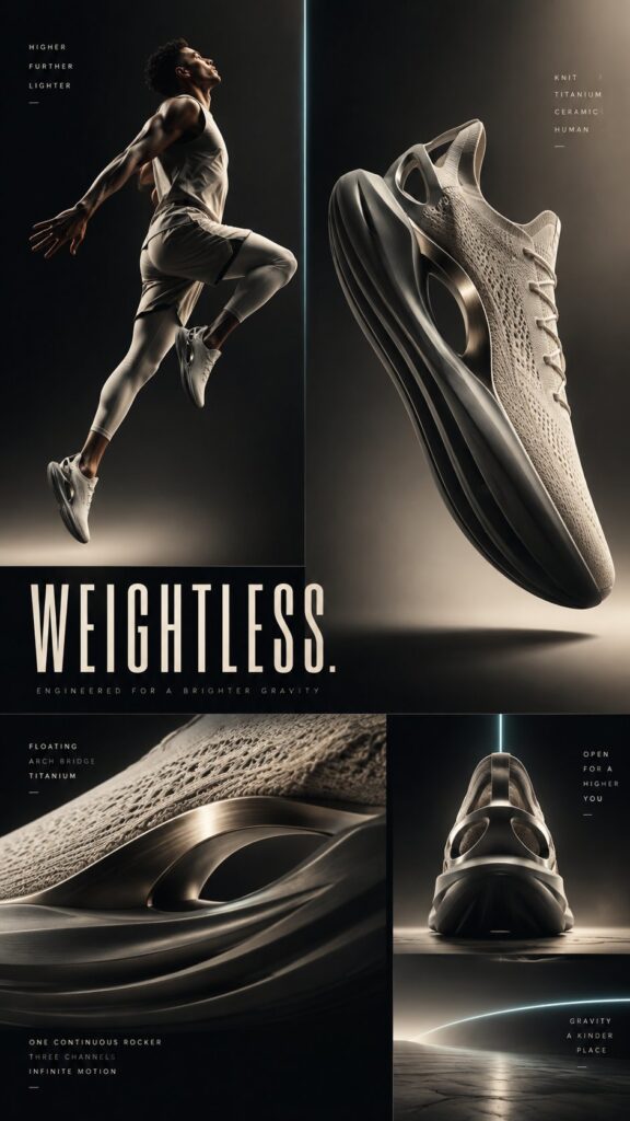 Premium Future Sport Footwear Editorial Concept | 高端未来运动概念鞋履展示板 6 Nanobanana Pro 生成 高端未来运动概念鞋履展示板 - AI绘画提示词